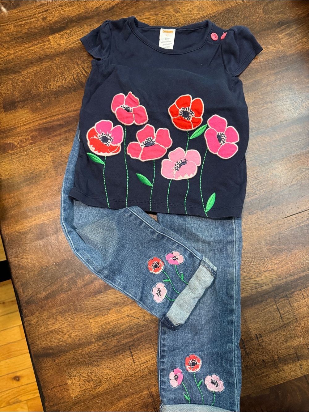 Gymboree Navy Tee with Pink and Red Floral Appliqués and Embroidered Jeans